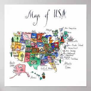Poster Mapa das atrações dos Estados Unidos da América