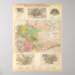 Poster Mapa das cidades da Alemanha Central e Norte (1872