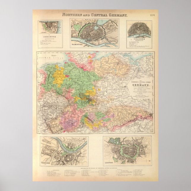 Poster Mapa das cidades da Alemanha Central e Norte (1872 (Frente)