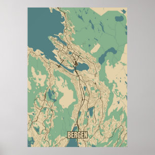 Poster Mapa das cidades de Bergen, Noruega
