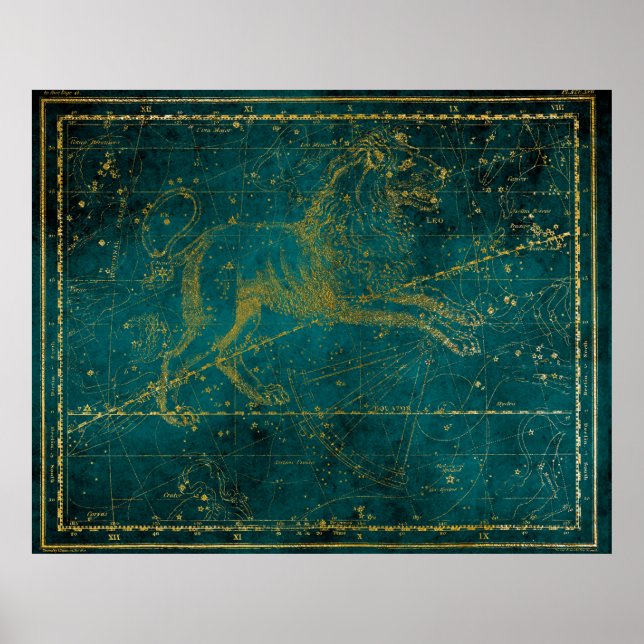 Poster Mapa das estrelas do leão verde e Dourado ilustrad (Frente)