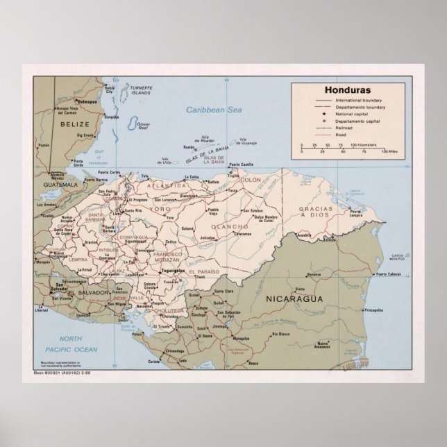 Poster Mapa das Honduras (1985) Atlas Country da América  (Frente)