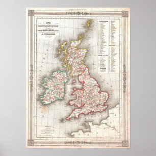 Poster Mapa das ilhas britânicas, 1852 do vintage