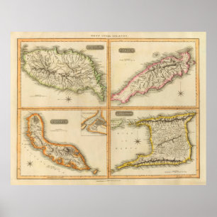 Poster Mapa das Ilhas de Caribe Inferior da Vintage (1816
