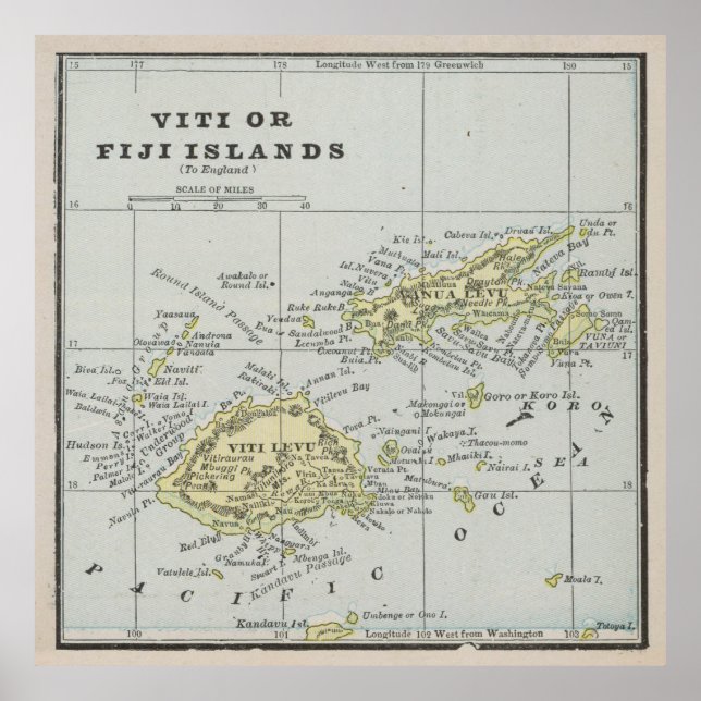 Poster Mapa das Ilhas Fiji Vintage (1901) (Frente)