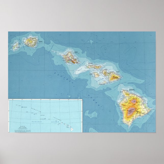 Poster Mapa das Ilhas Havaianas (Frente)
