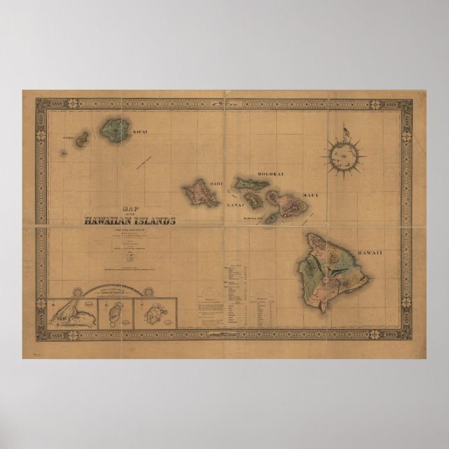 Poster Mapa das Ilhas Havaianas no Havaí, em 1876 (Frente)