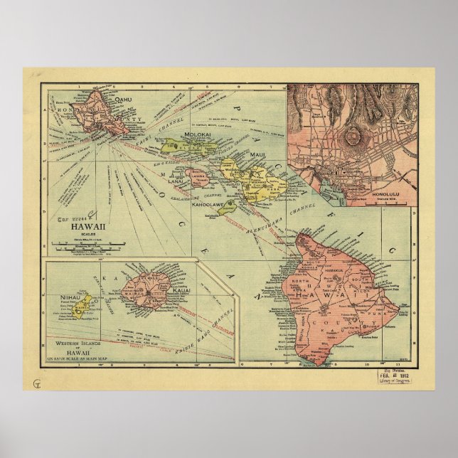 Pôster Mapa das Ilhas Havaianas no Havaí em 1912 (Frente)
