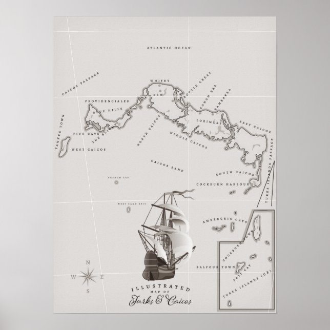 Poster Mapa das Ilhas Turcas e Caicos (Frente)