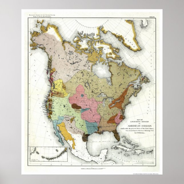 Pôster Mapa das Linguísticas Indianas 1890 (Frente)