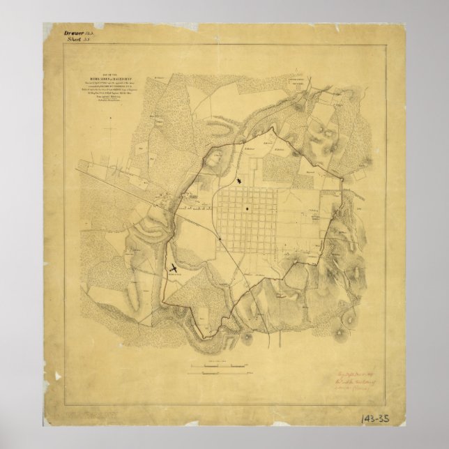 Pôster Mapa das Linhas Confederadas em Raleigh (Frente)