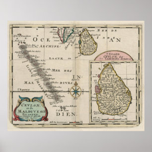 Poster Mapa das Maldivas Vintage e do Sri Lanka (1705)