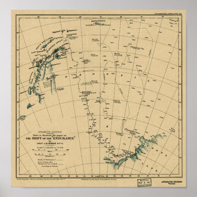 Pôster Mapa das Regiões Antárticas "Desvio da Resistência (Frente)