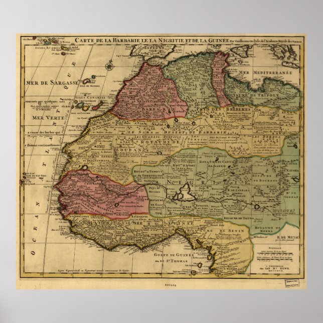 Pôster Mapa das Vintagens da África Ocidental (1742) (Frente)