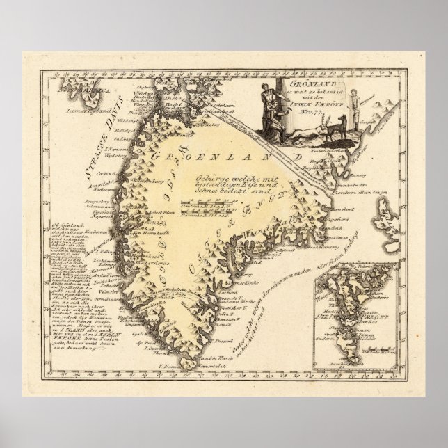 Pôster Mapa das Vintagens da Gronelândia (1791) (Frente)