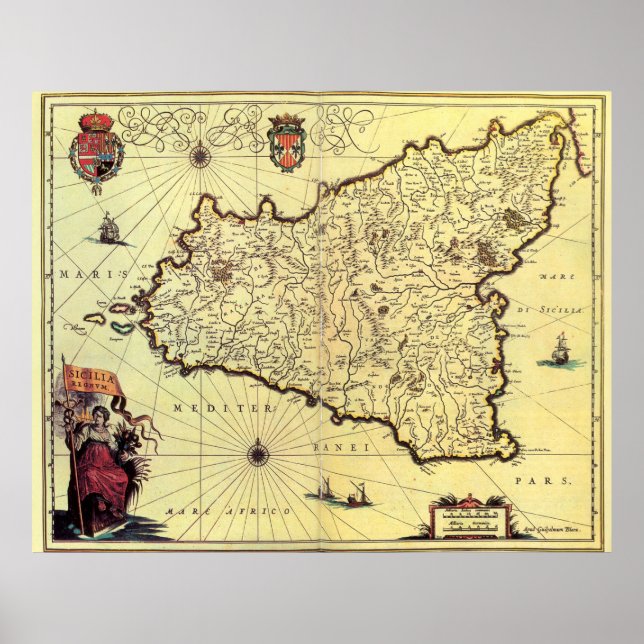 Pôster Mapa das Vintagens da Sicília Itália (1600) (Frente)