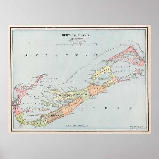 Pôster Mapa das Vintagens das Bermudas (1901) (Frente)