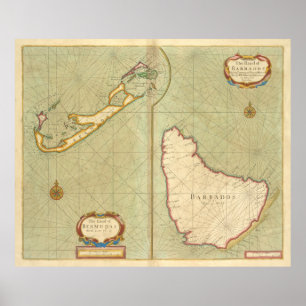 Poster Mapa das Vintagens das Bermudas e Barbados (1707)