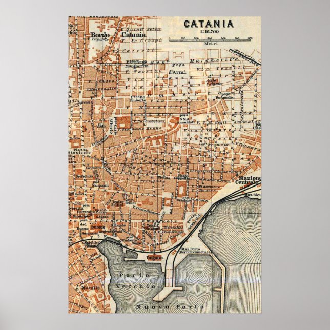 Pôster Mapa das Vintagens de Catânia Itália (1905) (Frente)