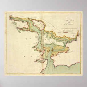 Poster Mapa das Vintagens de Cork Harbour Irlanda (1702)