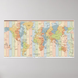 Poster Mapa das zonas de tempo do mundo