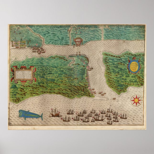 Pôster Mapa de 1589 - Viagem de Drake - Rua de Augustine, (Frente)
