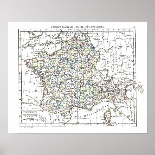 Pôster Mapa de 1806 - L'Empire Francais em 111 departamen (Frente)