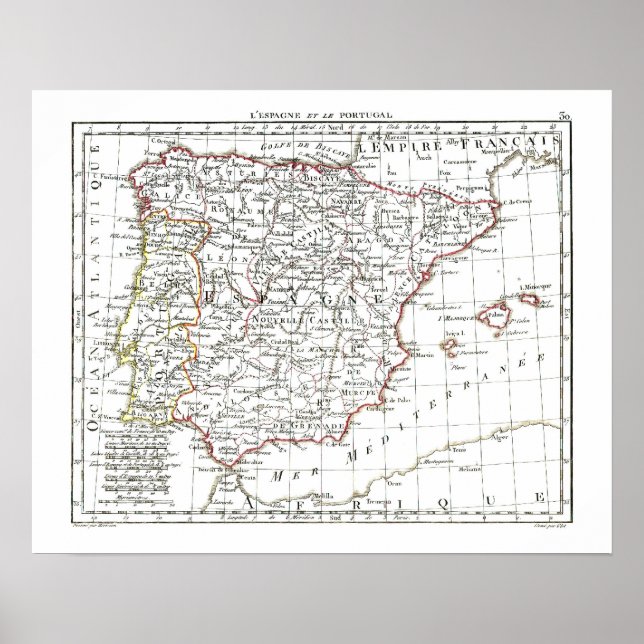 Pôster Mapa de 1806 - L'Espagne et le Portugal (Frente)