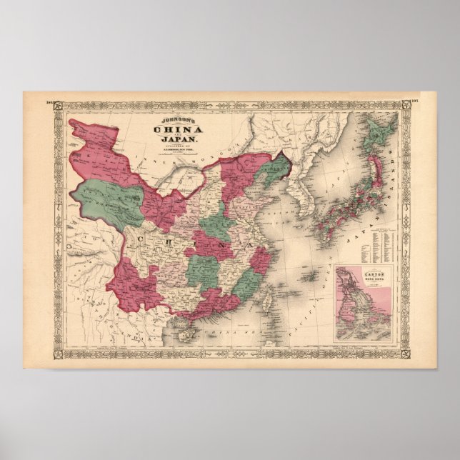 Poster Mapa de 1868 - China e Japão de Johnson (Frente)