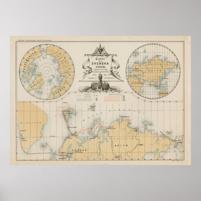 Poster Mapa de 1880 do Árctico Vintage e do Polo Norte (Frente)