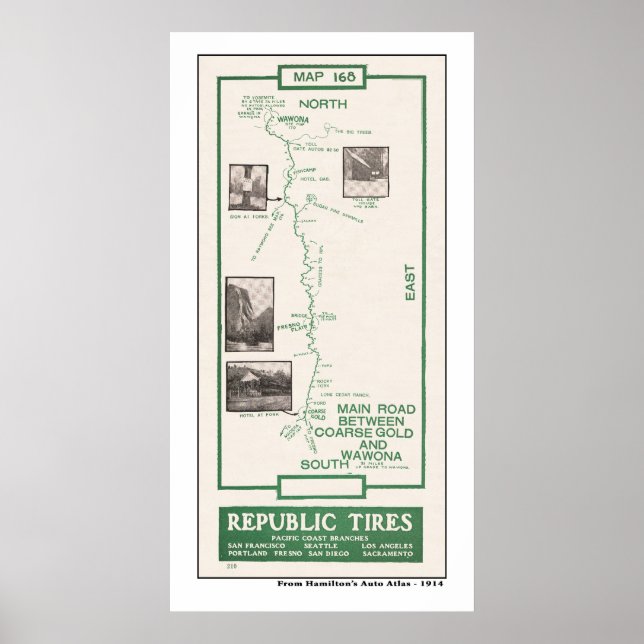 Poster Mapa de 1914, Dourado de Wawona, Yosemite (Frente)