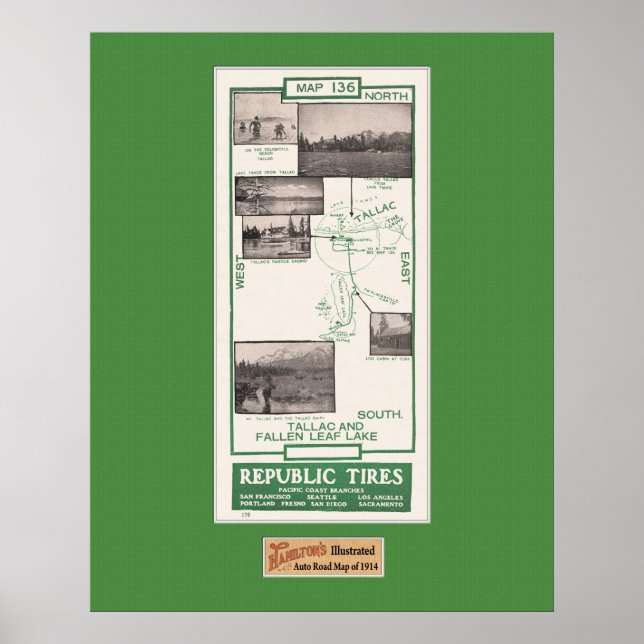 Pôster Mapa de 1914, Lago Folha Fallen e Tallac (Frente)