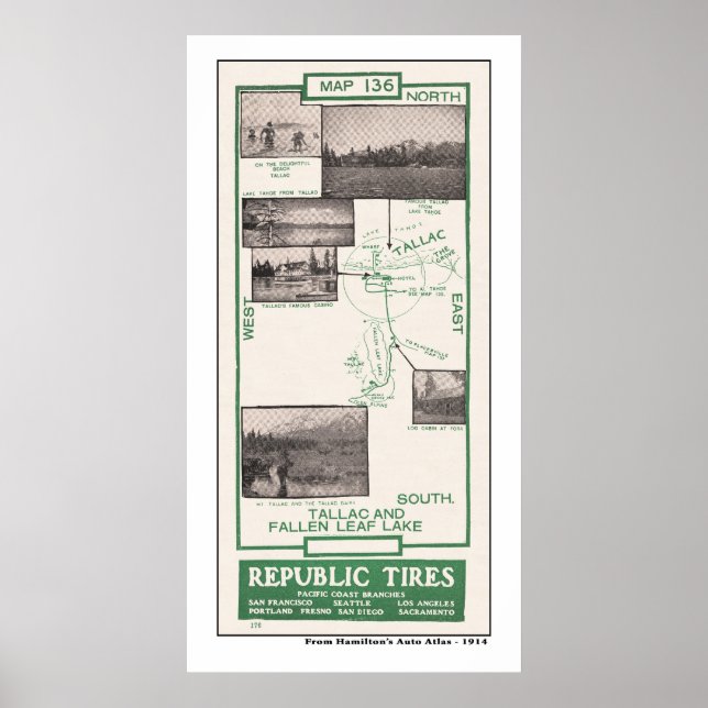 Poster Mapa de 1914, Lago Folha Fallen e Tallac (Frente)