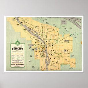 Pôster Mapa de 1955 do Portland Oregon Trolley Streetcar