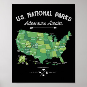 Poster Mapa de 63 Parques Nacionais Us Park Retro Vintage