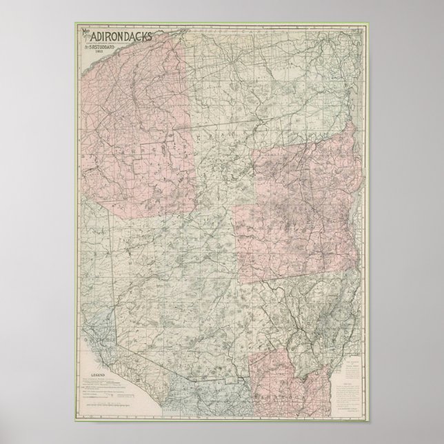 Pôster Mapa de Adirondacks 1912 (Frente)