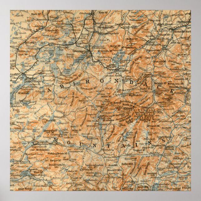 Pôster Mapa de Adirondacks Antiquado (Frente)