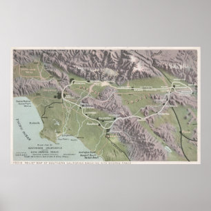 Poster Mapa de alivio do vintage de Califórnia do sul
