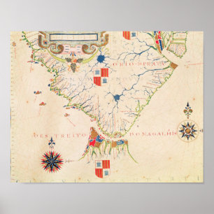 Pôster Mapa de Ámérica do Sul e dos passos de Magellan