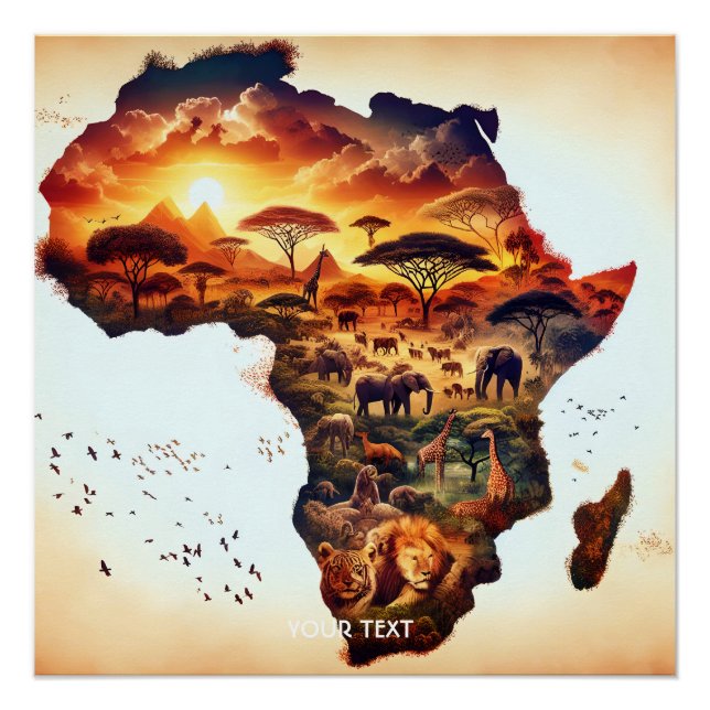 Pôster Mapa de animais da África em fantasia (Frente)