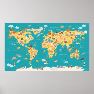 Poster Mapa de Animais do Mundo para Crianças