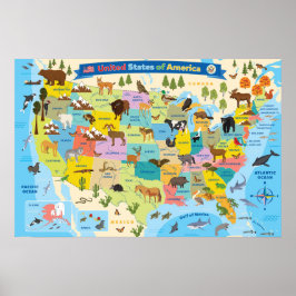Poster Mapa de animais dos EUA para crianças