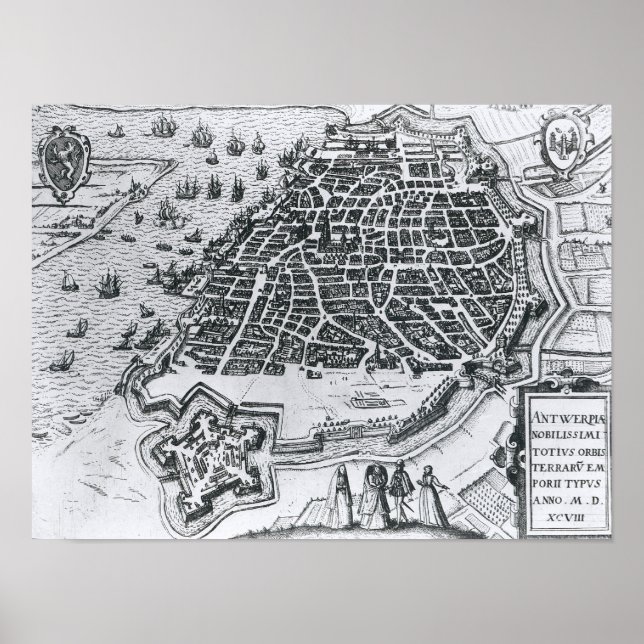 Pôster Mapa de Antuérpia, 1598 (Frente)