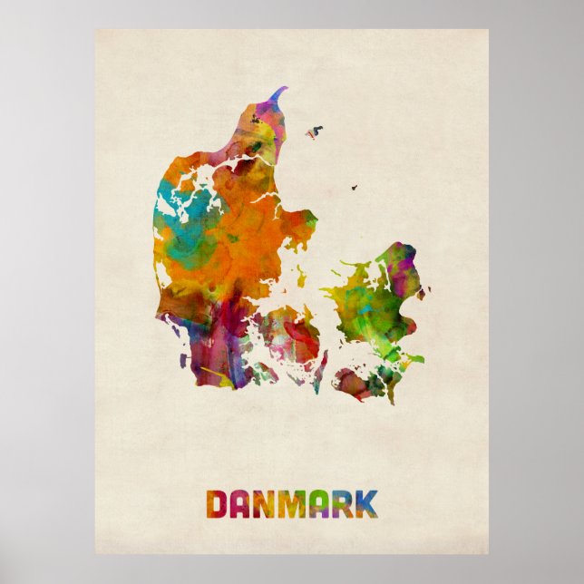 Pôster Mapa de Aquarela da Dinamarca (Frente)