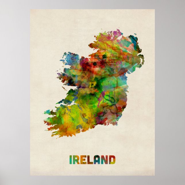 Pôster Mapa de Aquarela da Irlanda (Frente)