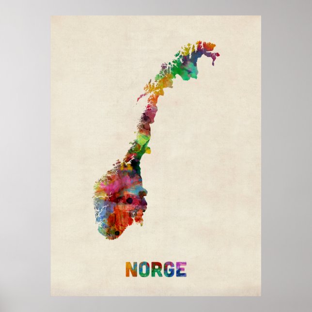 Pôster Mapa de Aquarela da Noruega (Frente)