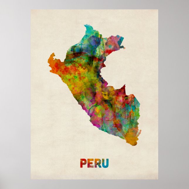 Pôster Mapa de Aquarela do Peru (Frente)
