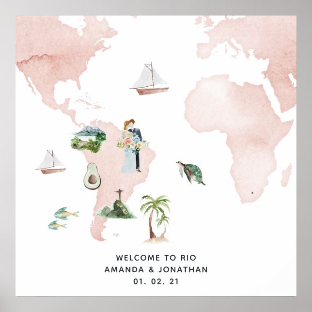 Poster Mapa de Aquarela do Rio Casamento Destino Bem-Vind (Frente)