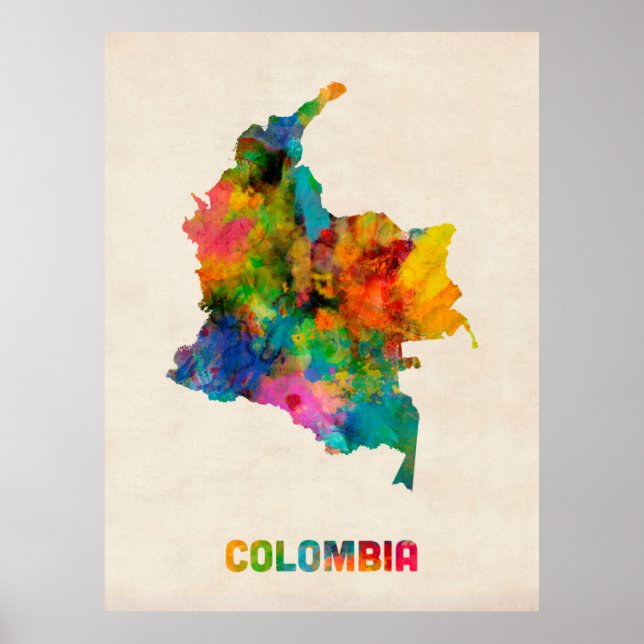 Poster Mapa de Aquarelas da Colômbia (Frente)