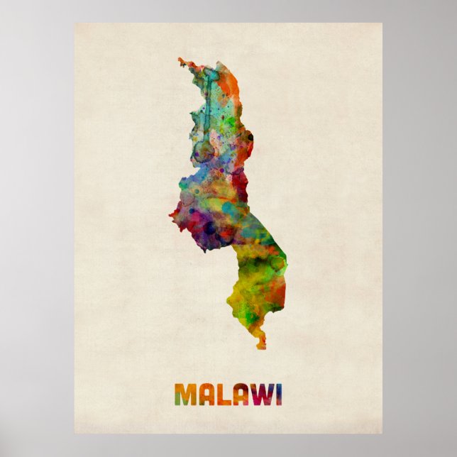 Pôster Mapa de Aquarelas do Malawi (Frente)